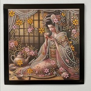 Completed Oriental Lady Elegant Rhinestone Diamond Art with Floral Accents